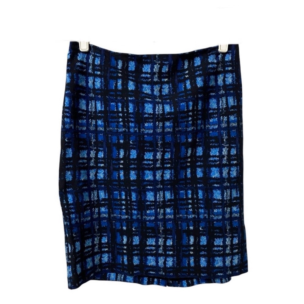 J.McLaughlin blue plaid abstract print artsy mid length work pencil skirt size 6